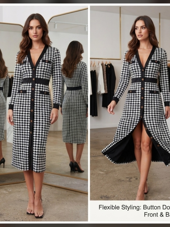 custommade Dresses & Skirts - Chic Black & White Houndstooth Midi Dress Size XL (Fits like 12-14) Long Sleeve